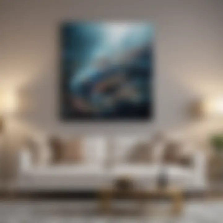 A selection of modern wall art pieces displayed in a living room setting