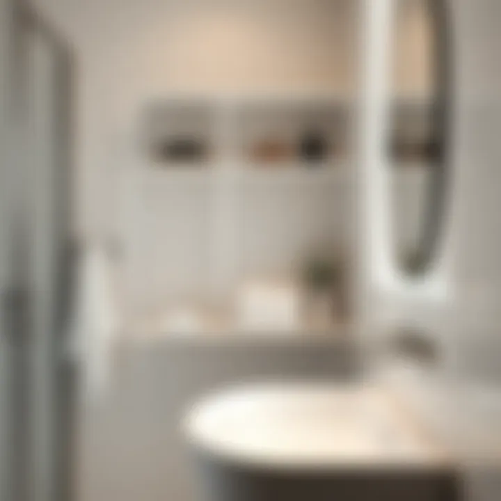 Chic Integration of White Metal Shelves in Bathroom Close-up of white metal shelves integrated into a chic bathroom