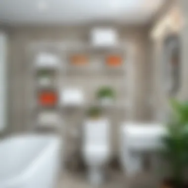 Functional Design of White Metal Shelves in Modern Bathroom Functional white metal shelves in a modern bathroom setting