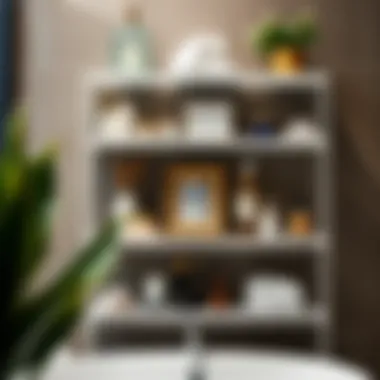 Elegant Display of Bathroom Decor on White Metal Shelves Stylish white metal bathroom shelves showcasing elegant decor