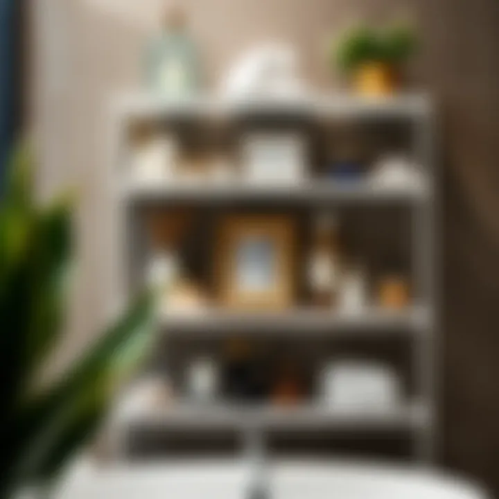 Elegant Display of Bathroom Decor on White Metal Shelves Stylish white metal bathroom shelves showcasing elegant decor