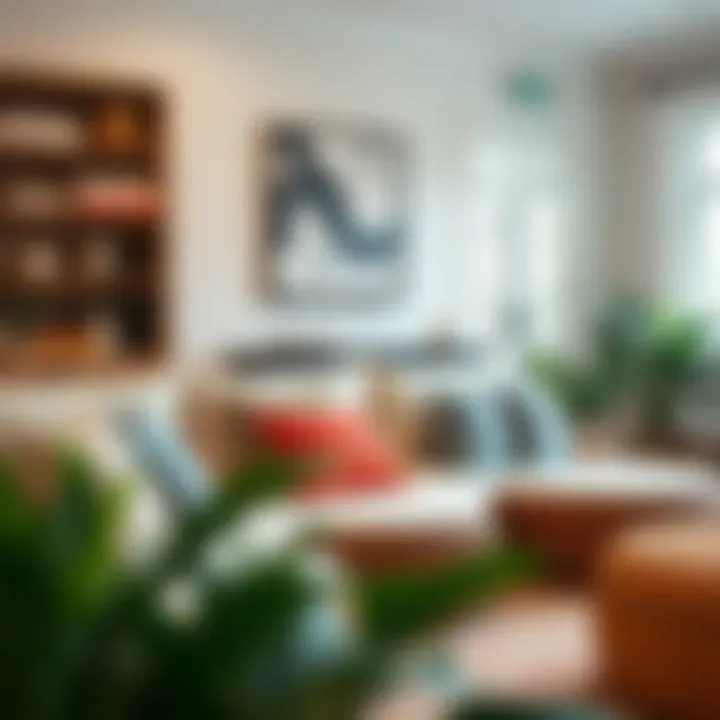 Colorful wicker seat cushions arranged in a living room