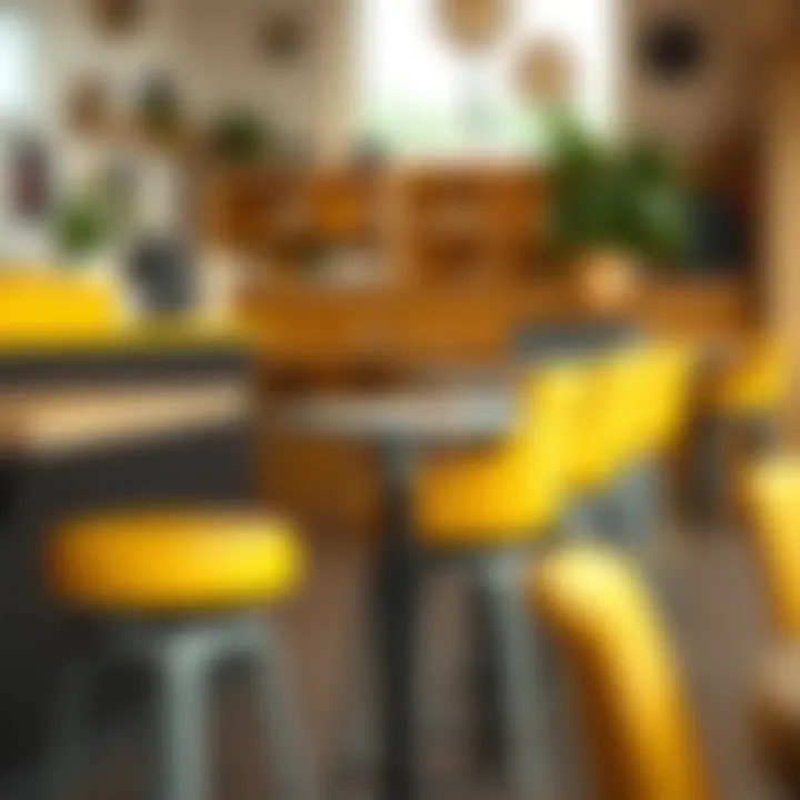Combination of yellow and grey bar stools in a vibrant cafe