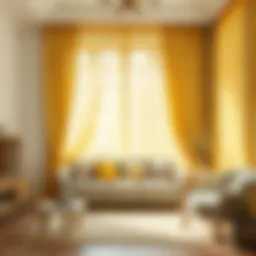 Elegant yellow lace curtains draping a modern living room