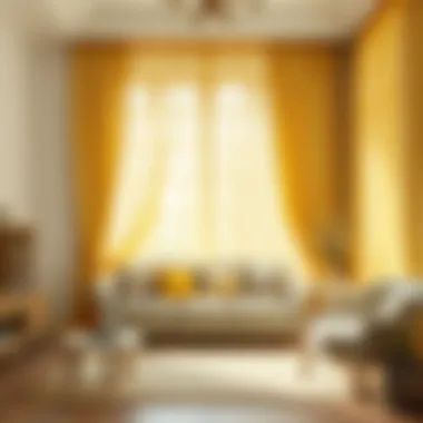 Elegant yellow lace curtains draping a modern living room