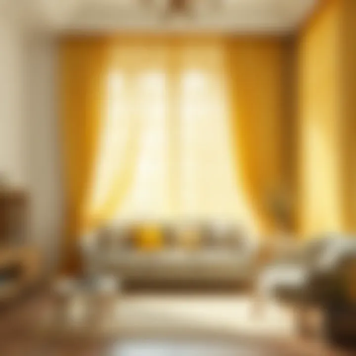 Elegant yellow lace curtains draping a modern living room