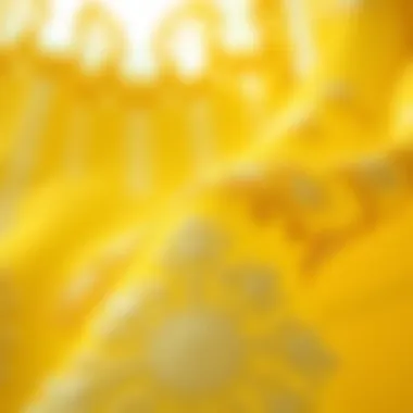 Close-up of intricate lace patterns on yellow fabric