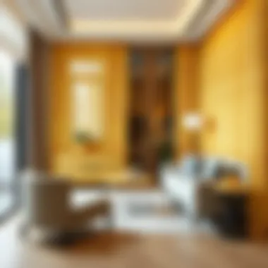 Stylish setup showcasing yellow lace curtains with complementary furniture