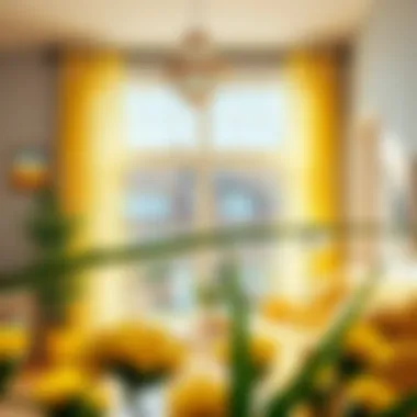 Sunny room adorned with yellow lace curtains and vibrant decor