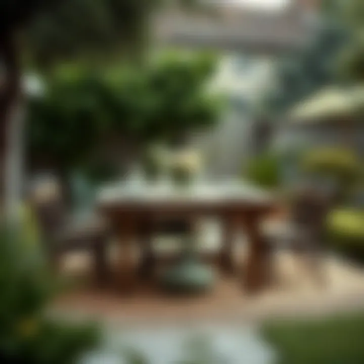 A Rustic Elegance: Farmhouse Dining Table in Nature Rustic farmhouse dining table set in a lush garden