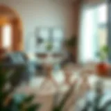 Elegant foldable table with stools in a modern living room setting