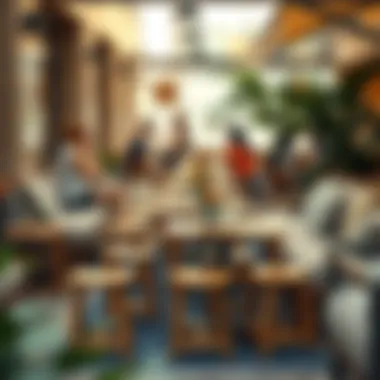 Creative arrangement of foldable tables and stools at a social gathering