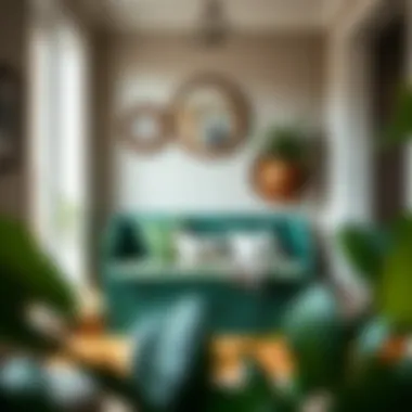 Stylish green storage bench used as a focal point in a cozy entryway