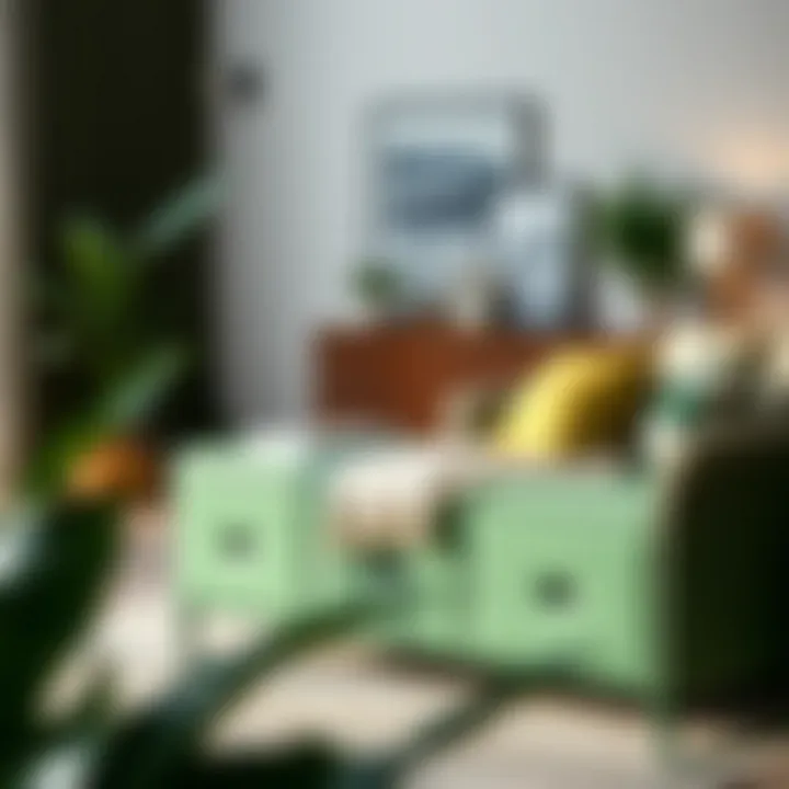 Interior scene showcasing a green storage bench in a modern living room