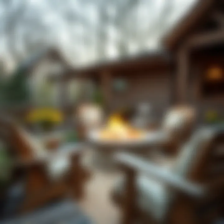 Rustic wooden patio furniture featuring a fire pit