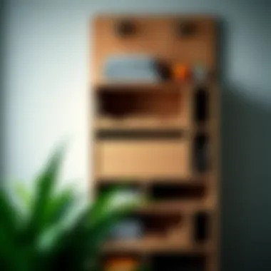 Close-up of a wooden wall organizer with various storage compartments