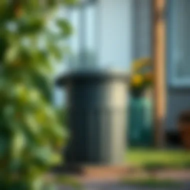 A well-maintained outdoor trash bin in a garden setting