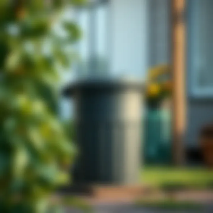 A well-maintained outdoor trash bin in a garden setting