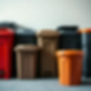 Different types of household trash bins organized in a line