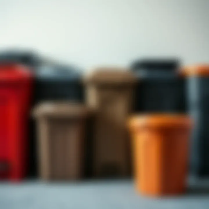 Different types of household trash bins organized in a line