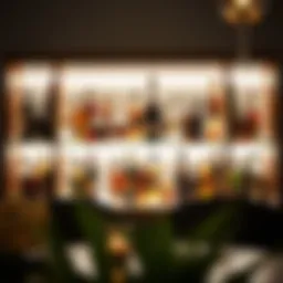 Elegant lighted liquor shelf showcasing a variety of bottles