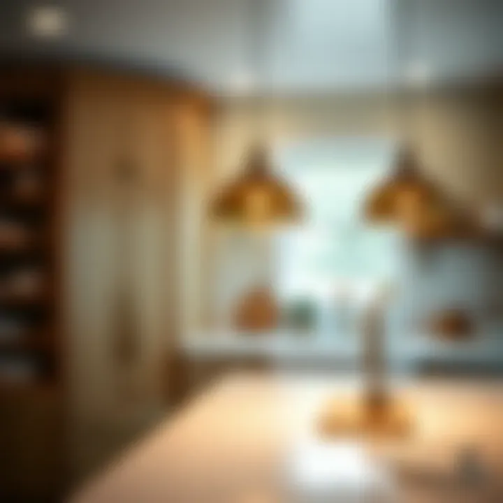 Stylish pendant lights above a pantry island, enhancing the ambiance and functionality.