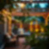 Elegant patio illuminated by warm string lights creating a cozy atmosphere