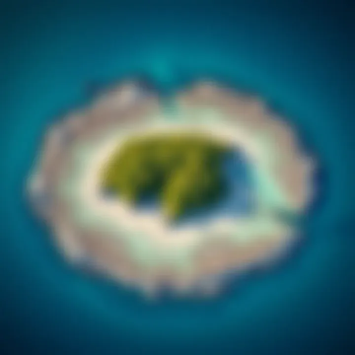 Aerial view of a naturally formed island surrounded by clear blue waters