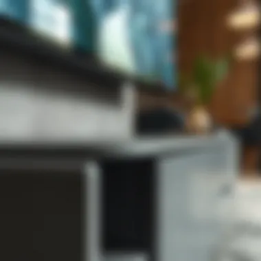 Close-up of materials used in large grey TV stands