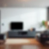 Modern large grey TV stand in stylish living room setting