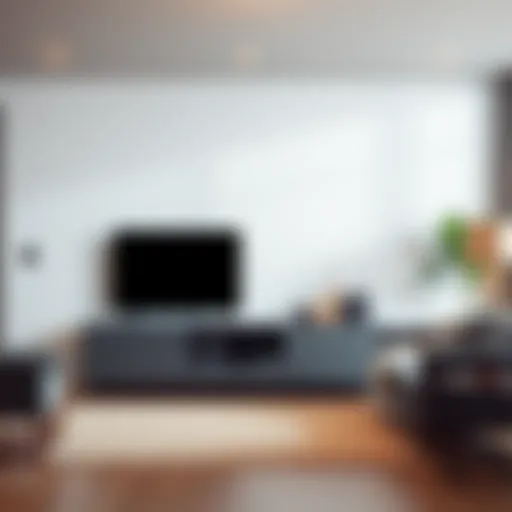 Modern large grey TV stand in stylish living room setting