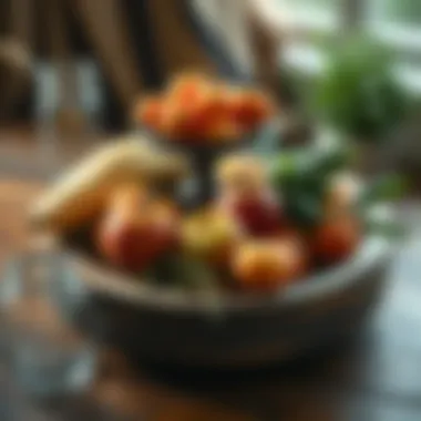 Rustic lazy Susan with decorative fruits and kitchen herbs