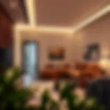 Sleek long LED light integrated into modern living room design