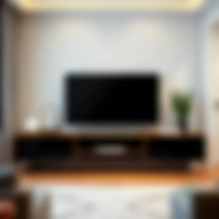 Sleek wall mount TV stand in a modern living room