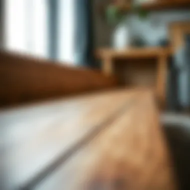 Close-up of the natural wood grain on a storage bench