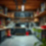 A beautifully organized garage with open shelving showcasing tools and storage solutions