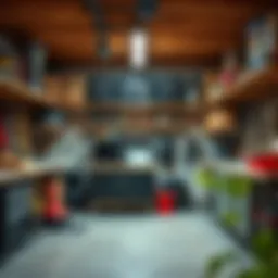 A beautifully organized garage with open shelving showcasing tools and storage solutions