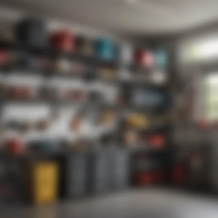 Organized garage space with various items on shelves