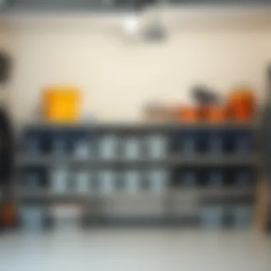 Organized Garage with Labeled Storage Bins Organized garage with labeled bins on shelves