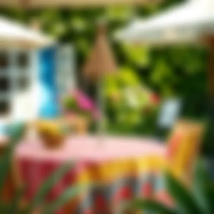 Colorful outdoor tablecloth enhancing a garden setting