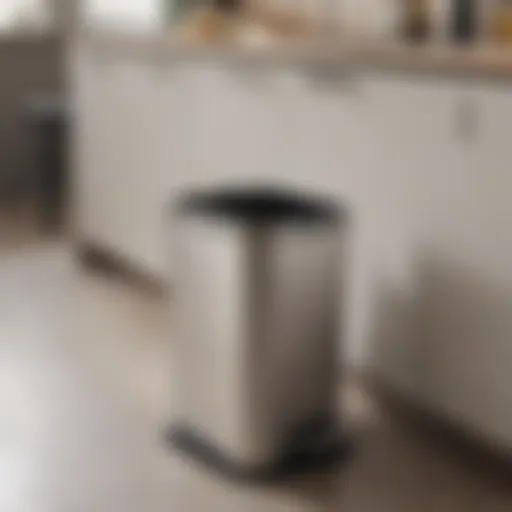 Sleek and modern pedal trash can in a contemporary kitchen setting.