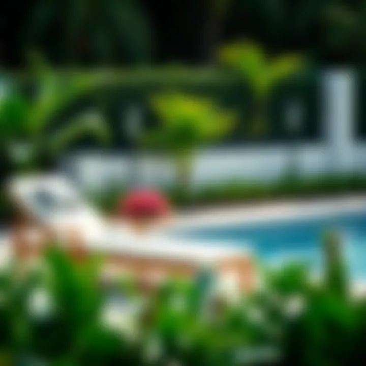 A beautifully arranged poolside area featuring lounge chairs and greenery
