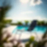 A modern portable pool lounge chair set against a sunny poolside backdrop
