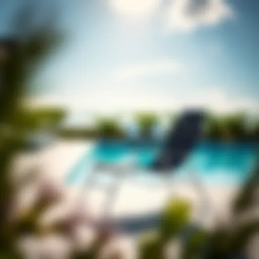 A modern portable pool lounge chair set against a sunny poolside backdrop