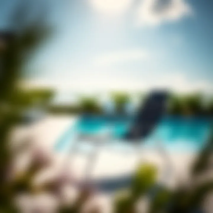 A modern portable pool lounge chair set against a sunny poolside backdrop