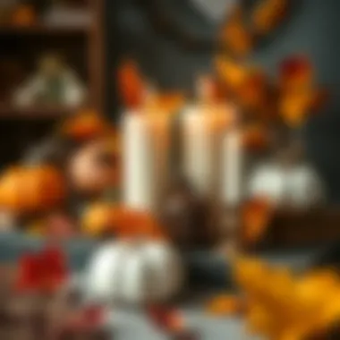 Seasonal Harmony: A Decor Arrangement with Pumpkin Spice Seasonal decor arrangement with pumpkin spice candles and autumn leaves