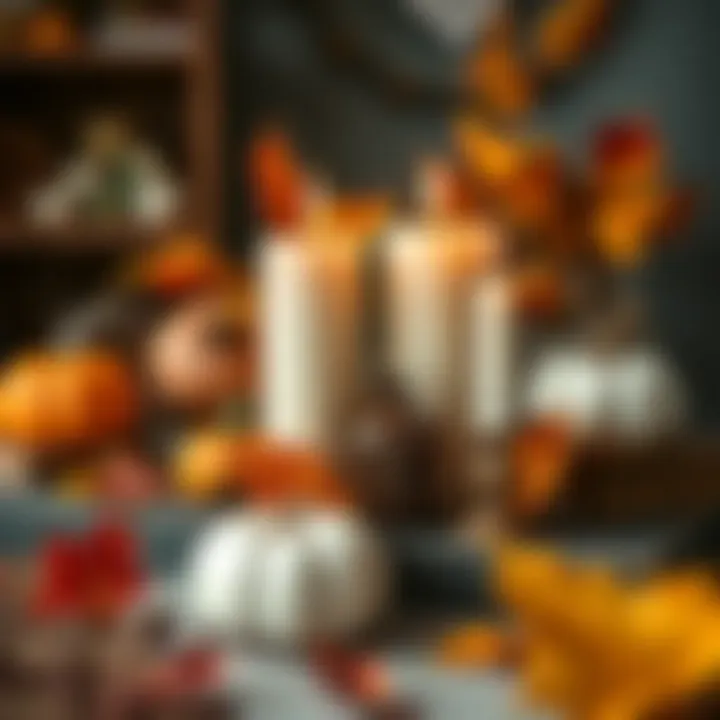 Seasonal Harmony: A Decor Arrangement with Pumpkin Spice Seasonal decor arrangement with pumpkin spice candles and autumn leaves