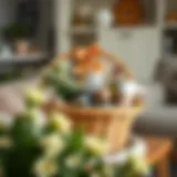 A beautifully arranged gift basket filled with essential kitchen items