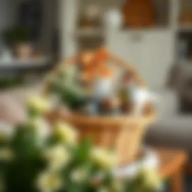 Thoughtful Gift Basket for New Home A beautifully arranged gift basket filled with essential kitchen items