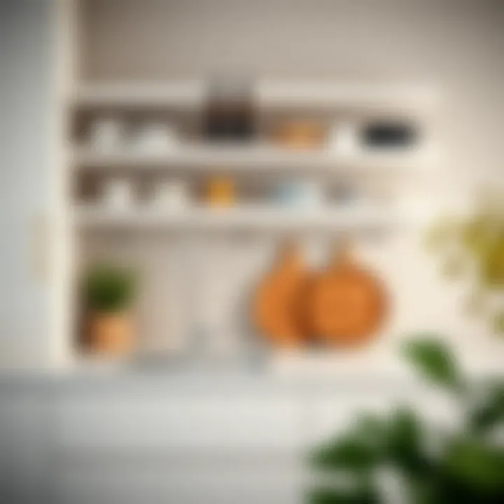 A well-designed kitchen featuring shelves over a sink